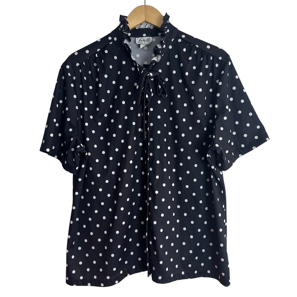Vintage 70s Lucky Me Top Retro Pin Up Rockabilly Black White Polka Dot Size 42‎